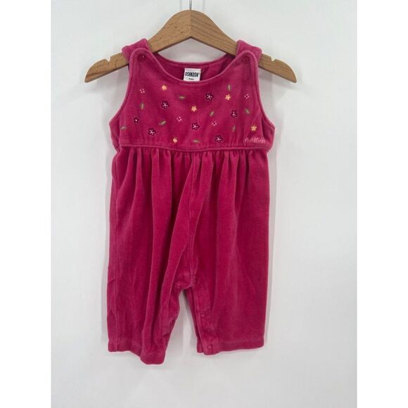 Oshkosh Baby Vintage Girls Size 3-6 Months Pink Velour Embroidered Romper - Picture 1 of 7